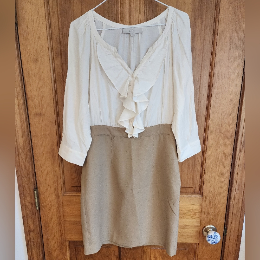 Ann Taylor LOFT One-Piece Dress Khaki Skirt with Attached Cream Ruffle Shirt